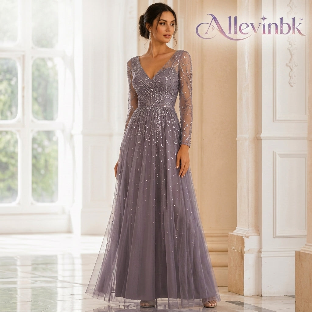 Allevinbk™ Ophelia Long-Sleeve Sequin Formal Dress | Winter Wedding Guest Holiday Evening Maxi Gown
