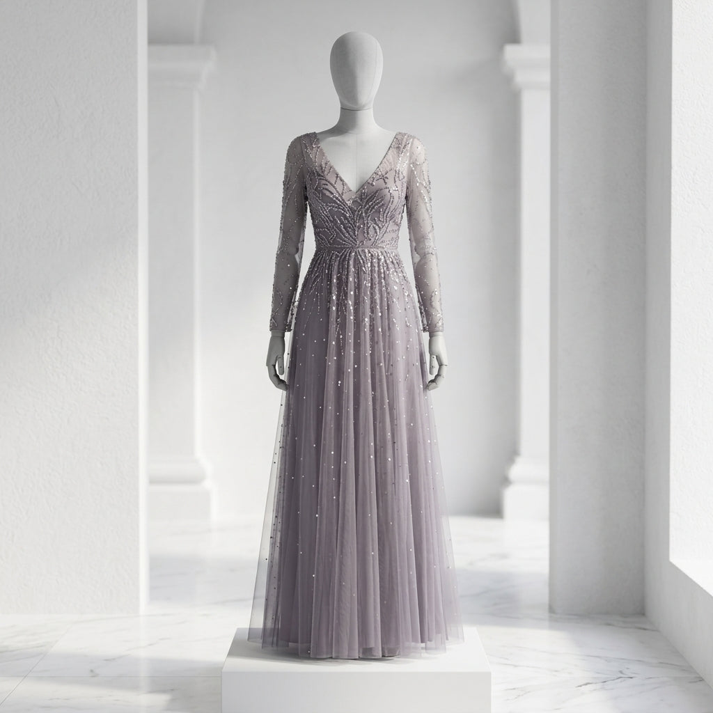 Allevinbk™ Ophelia Long-Sleeve Sequin Formal Dress | Winter Wedding Guest Holiday Evening Maxi Gown