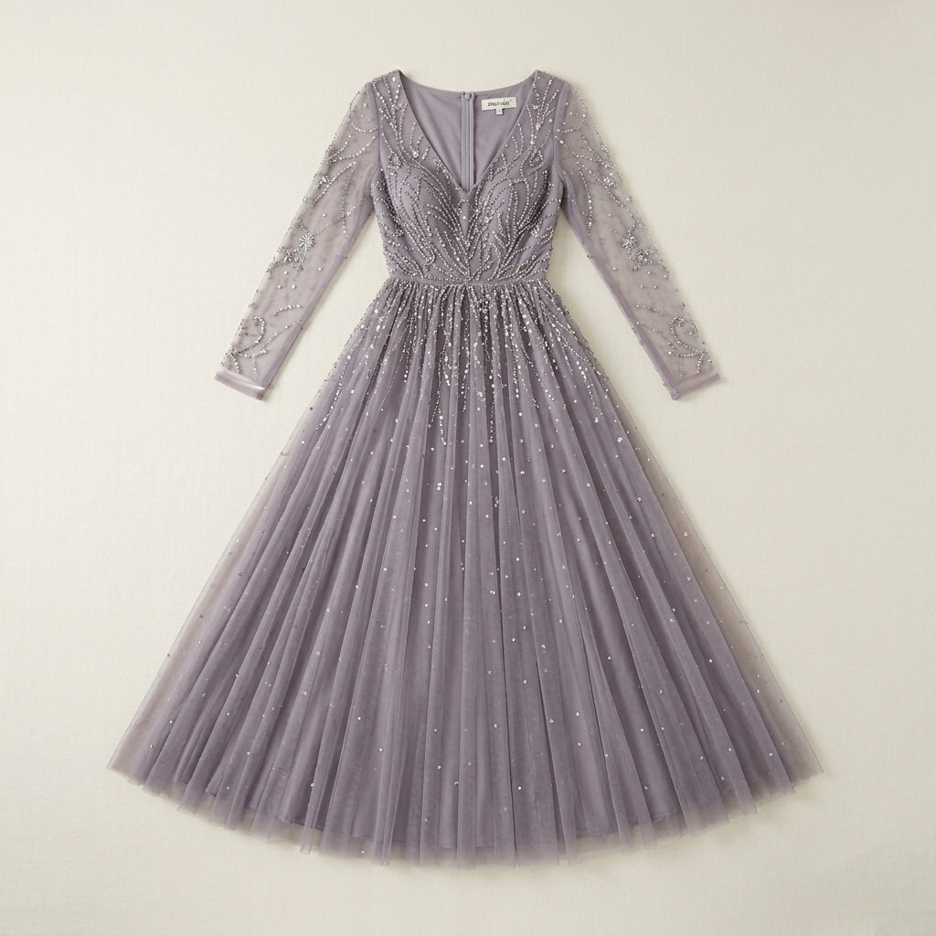 Allevinbk™ Ophelia Long-Sleeve Sequin Formal Dress | Winter Wedding Guest Holiday Evening Maxi Gown