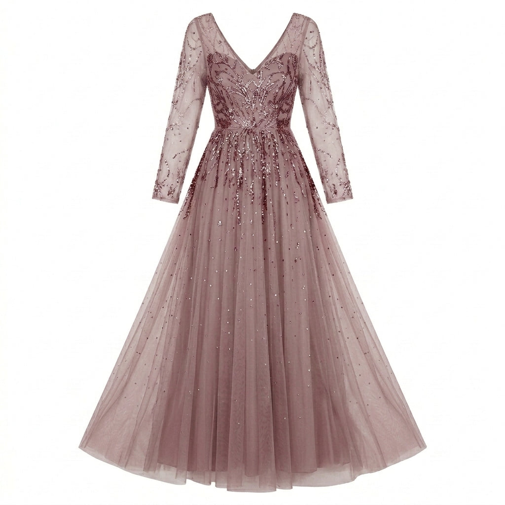Allevinbk™ Ophelia Long-Sleeve Sequin Formal Dress | Winter Wedding Guest Holiday Evening Maxi Gown