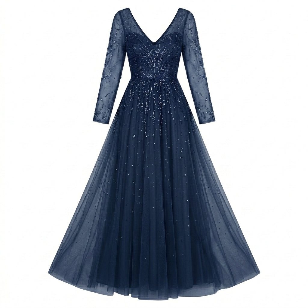 Allevinbk™ Ophelia Long-Sleeve Sequin Formal Dress | Winter Wedding Guest Holiday Evening Maxi Gown