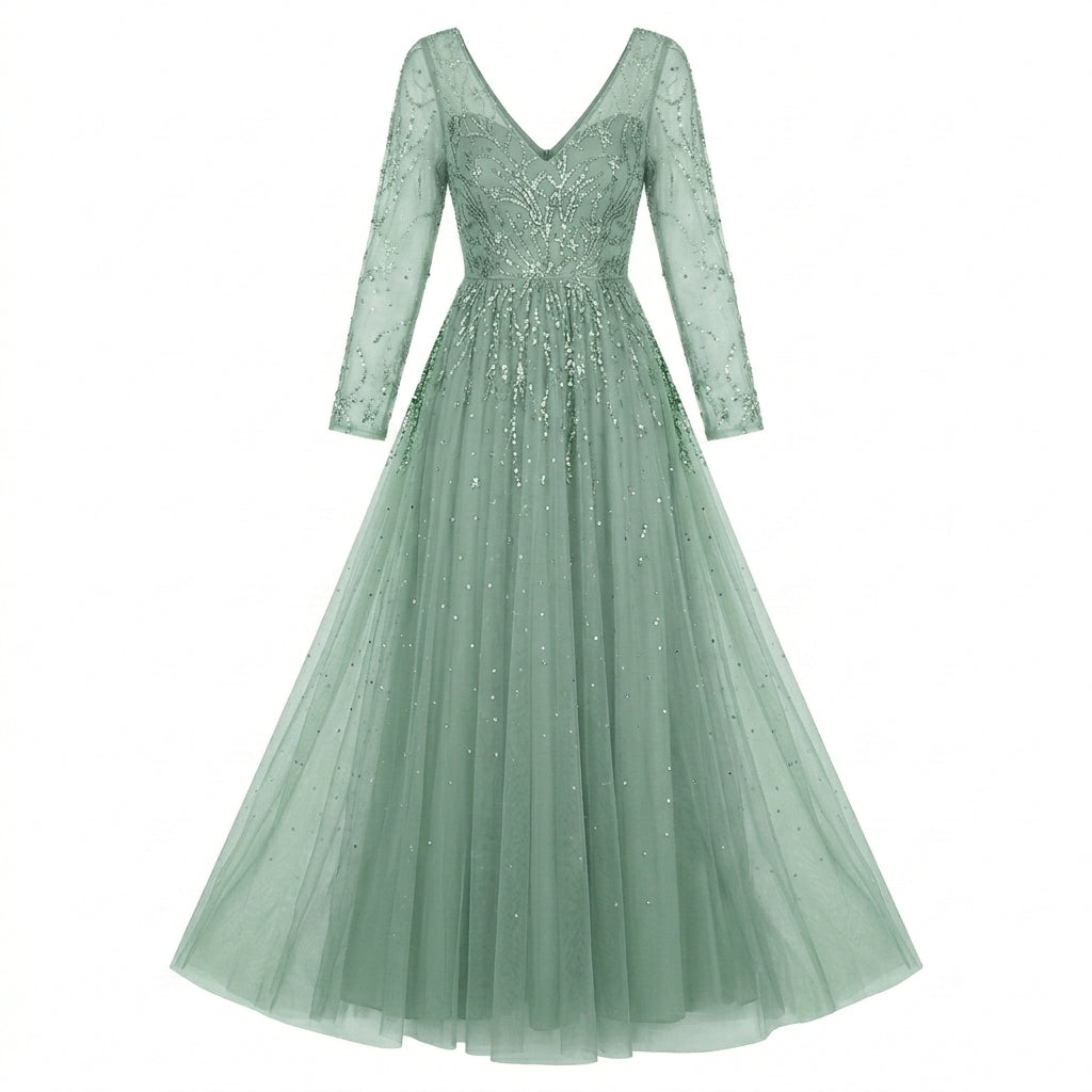 Allevinbk™ Ophelia Long-Sleeve Sequin Formal Dress | Winter Wedding Guest Holiday Evening Maxi Gown