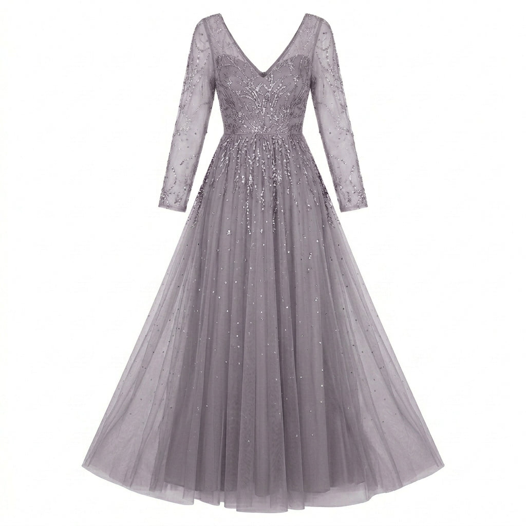 Allevinbk™ Ophelia Long-Sleeve Sequin Formal Dress | Winter Wedding Guest Holiday Evening Maxi Gown