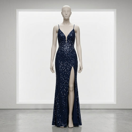 Allevinbk™ Astra Sequin High-Slit Evening Gown | V-Neck Formal Prom Black Tie Wedding Guest Dress