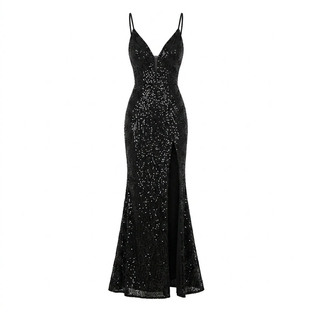 Allevinbk™ Astra Sequin High-Slit Evening Gown | V-Neck Formal Prom Black Tie Wedding Guest Dress