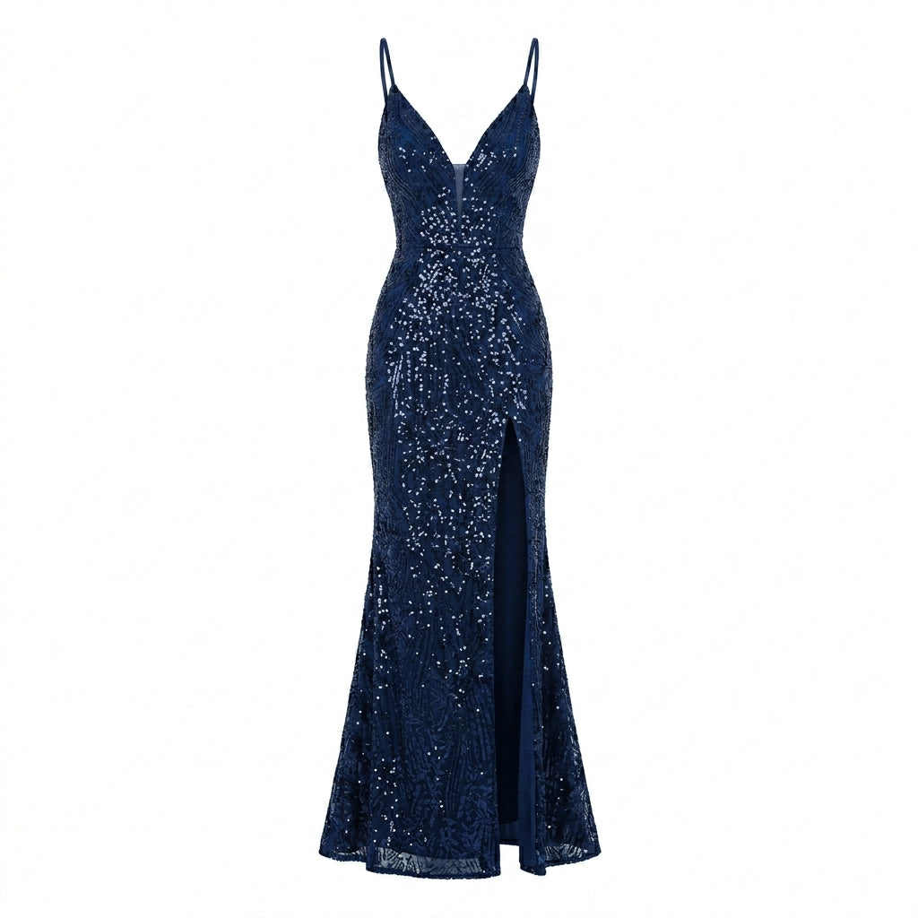 Allevinbk™ Astra Sequin High-Slit Evening Gown | V-Neck Formal Prom Black Tie Wedding Guest Dress