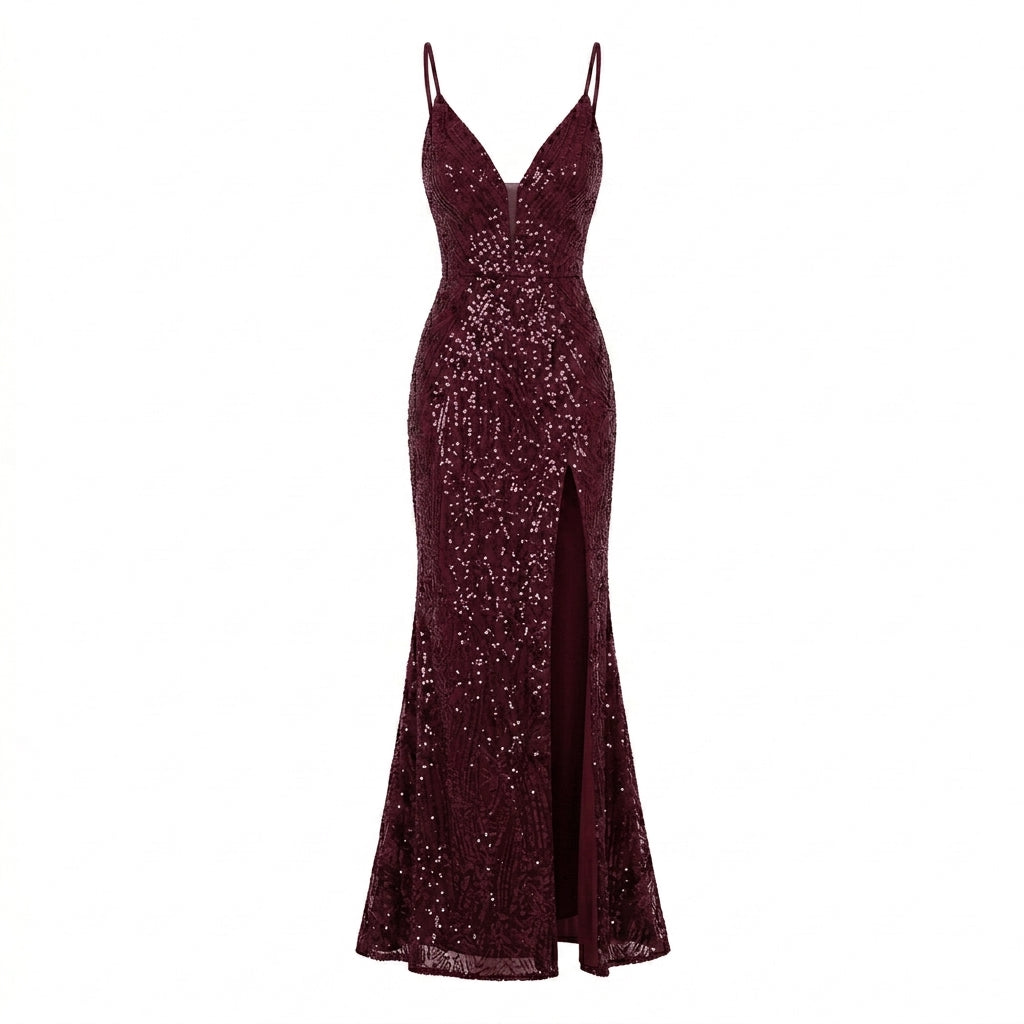 Allevinbk™ Astra Sequin High-Slit Evening Gown | V-Neck Formal Prom Black Tie Wedding Guest Dress