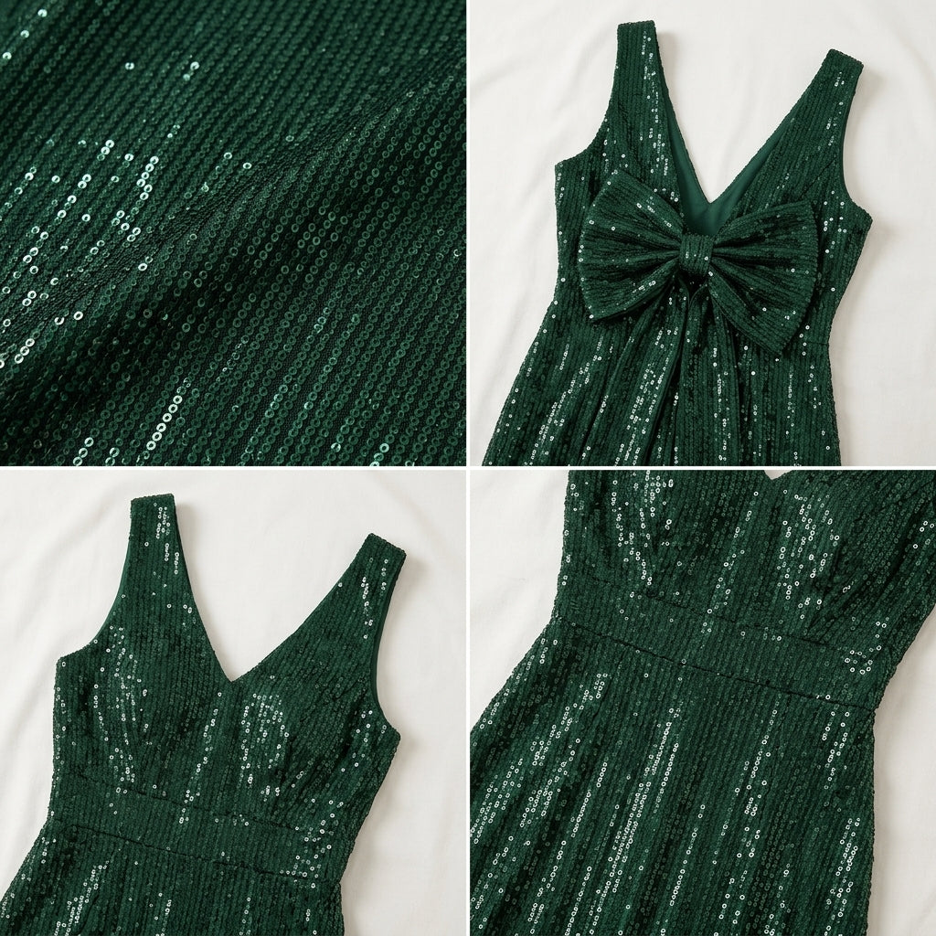 Allevinbk™ Mirelle Sequin Bow-Back Midi Dress | Cocktail Wedding Guest Holiday Formal Party Dress