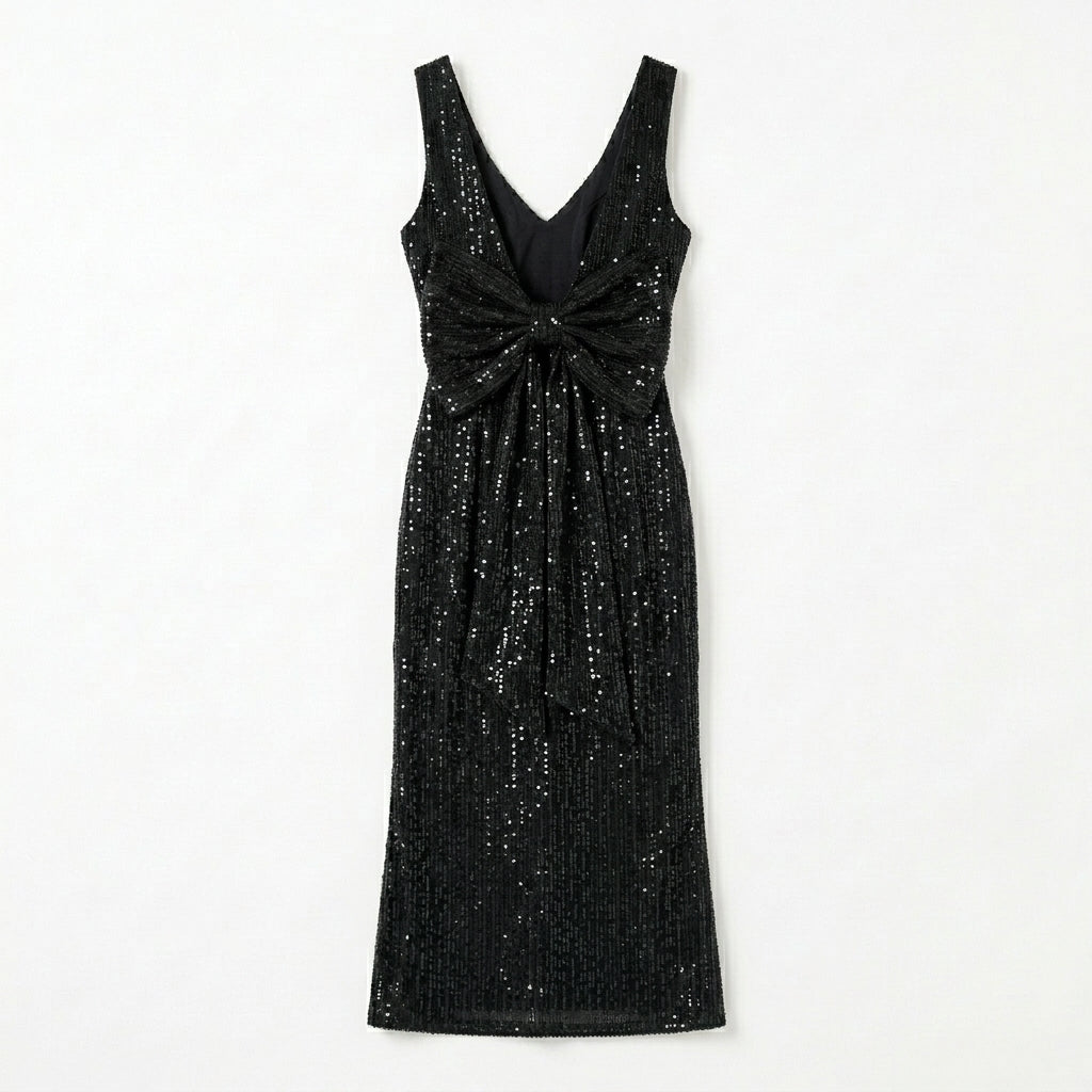Allevinbk™ Mirelle Sequin Bow-Back Midi Dress | Cocktail Wedding Guest Holiday Formal Party Dress
