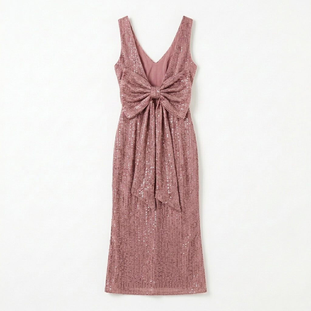 Allevinbk™ Mirelle Sequin Bow-Back Midi Dress | Cocktail Wedding Guest Holiday Formal Party Dress