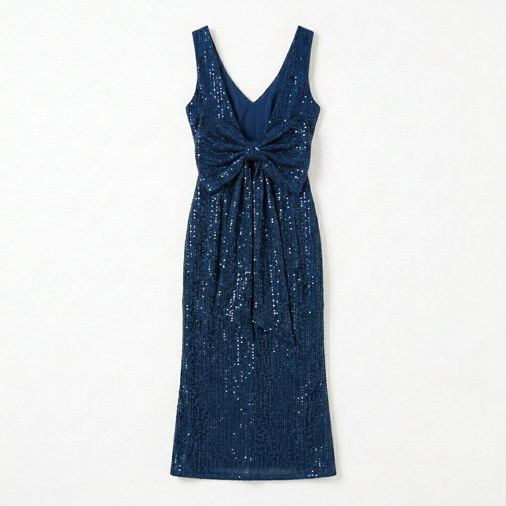 Allevinbk™ Mirelle Sequin Bow-Back Midi Dress | Cocktail Wedding Guest Holiday Formal Party Dress