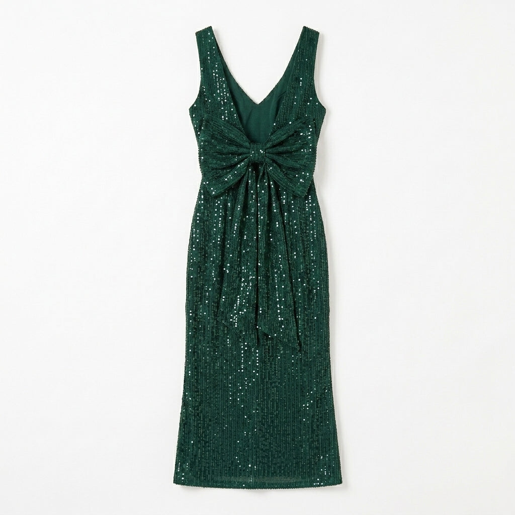 Allevinbk™ Mirelle Sequin Bow-Back Midi Dress | Cocktail Wedding Guest Holiday Formal Party Dress