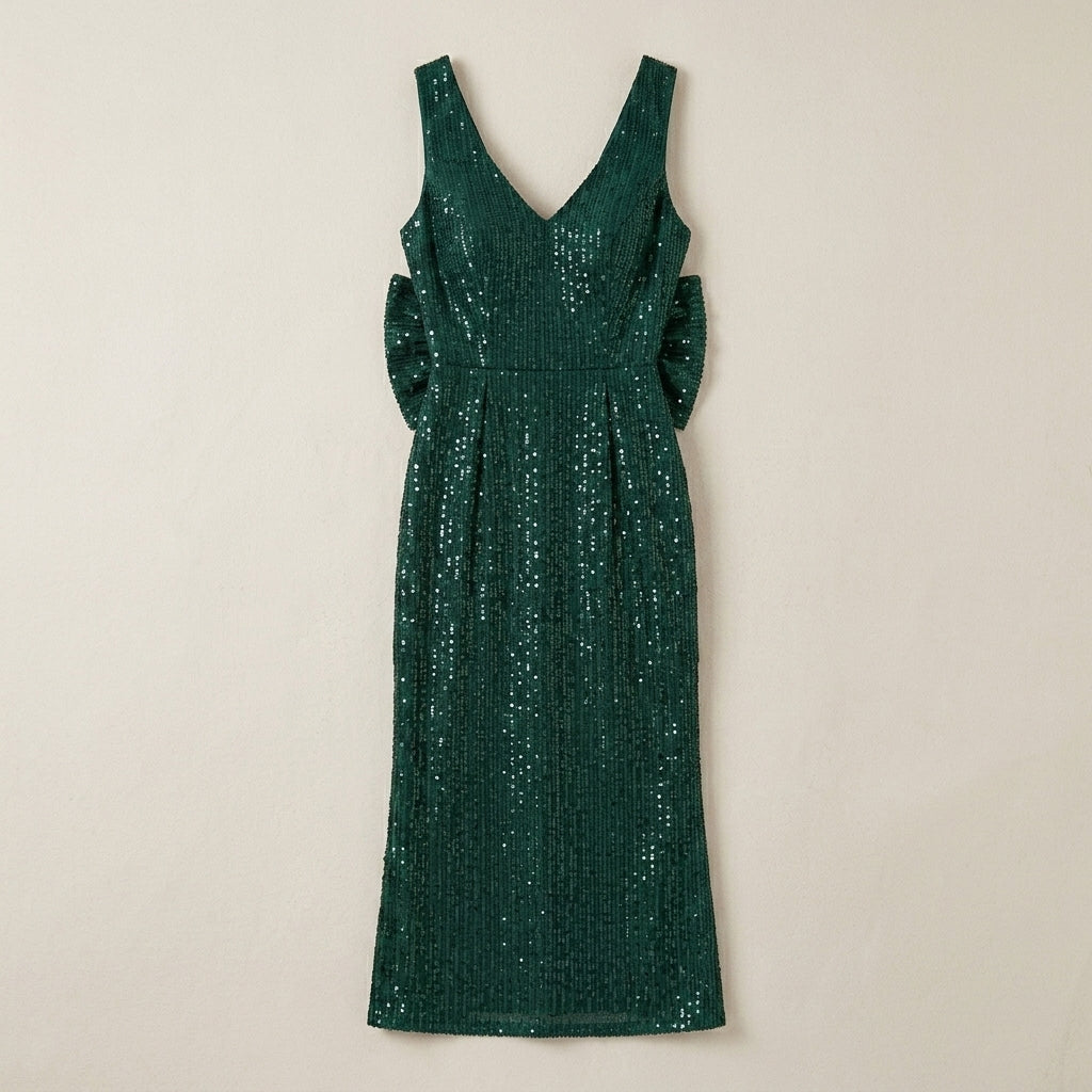 Allevinbk™ Mirelle Sequin Bow-Back Midi Dress | Cocktail Wedding Guest Holiday Formal Party Dress
