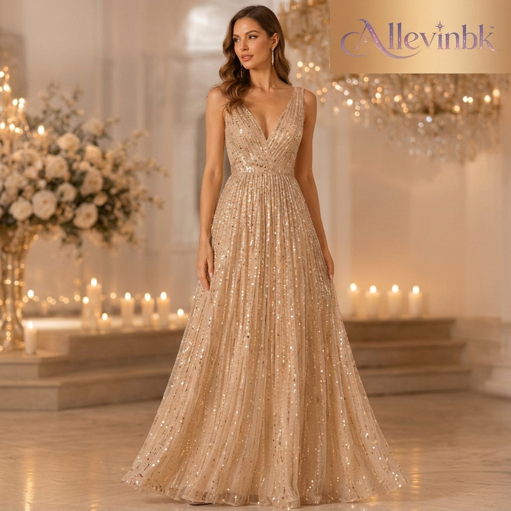 Allevinbk™ Evelune Pleated Sequin A-Line Gown | Formal Wedding Guest Prom Gala Evening Maxi Dress