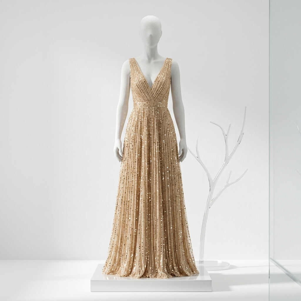 Allevinbk™ Evelune Pleated Sequin A-Line Gown | Formal Wedding Guest Prom Gala Evening Maxi Dress