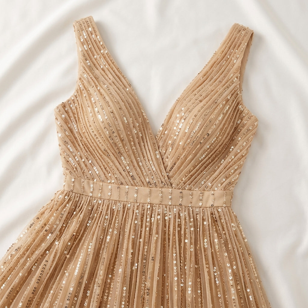 Allevinbk™ Evelune Pleated Sequin A-Line Gown | Formal Wedding Guest Prom Gala Evening Maxi Dress