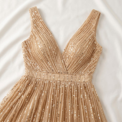Allevinbk™ Evelune Pleated Sequin A-Line Gown | Formal Wedding Guest Prom Gala Evening Maxi Dress