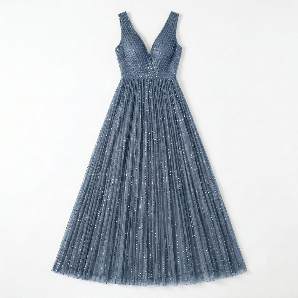 Allevinbk™ Evelune Pleated Sequin A-Line Gown | Formal Wedding Guest Prom Gala Evening Maxi Dress