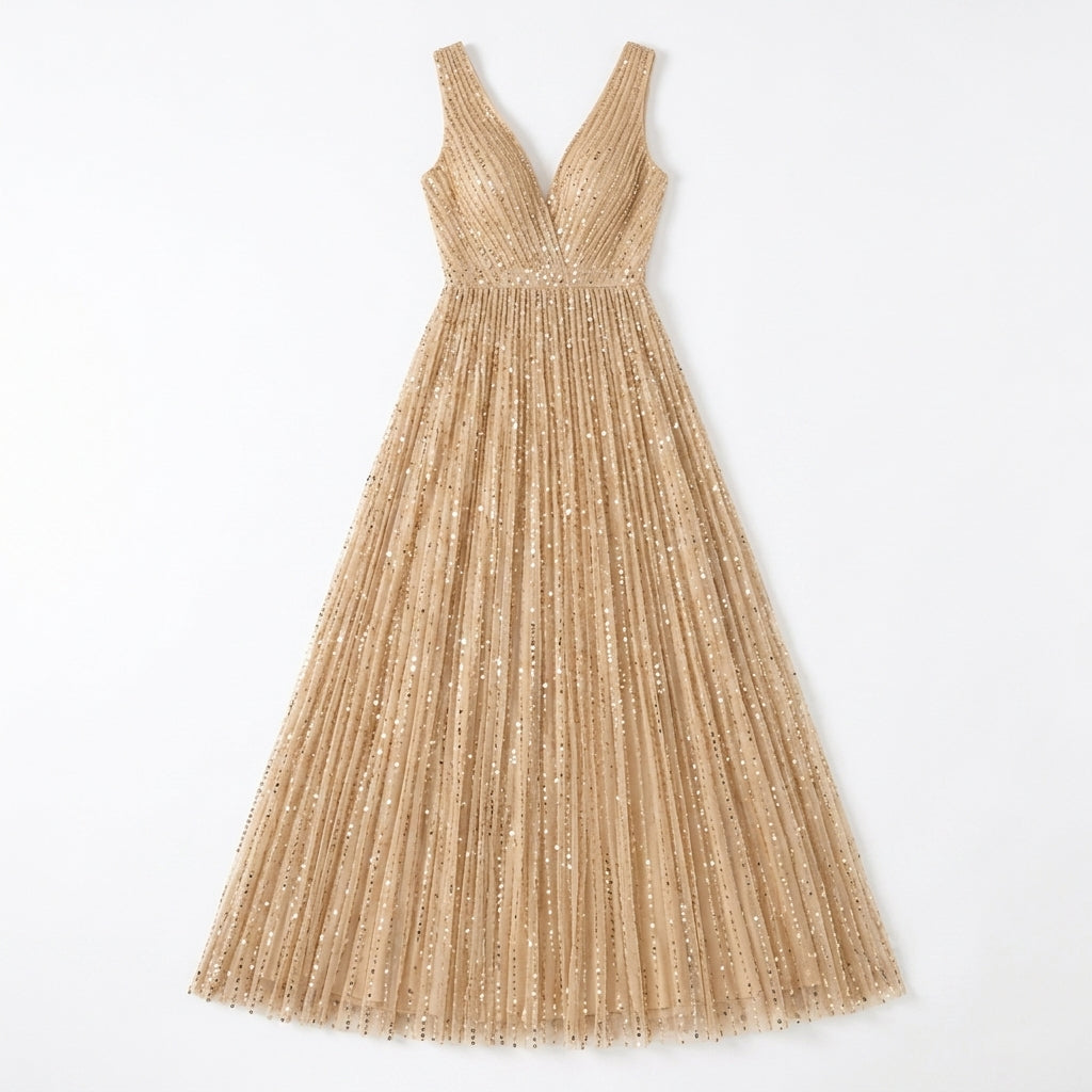 Allevinbk™ Evelune Pleated Sequin A-Line Gown | Formal Wedding Guest Prom Gala Evening Maxi Dress