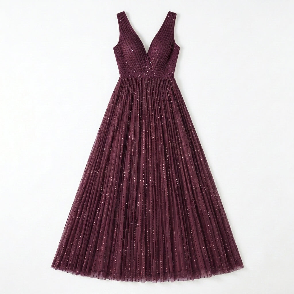 Allevinbk™ Evelune Pleated Sequin A-Line Gown | Formal Wedding Guest Prom Gala Evening Maxi Dress