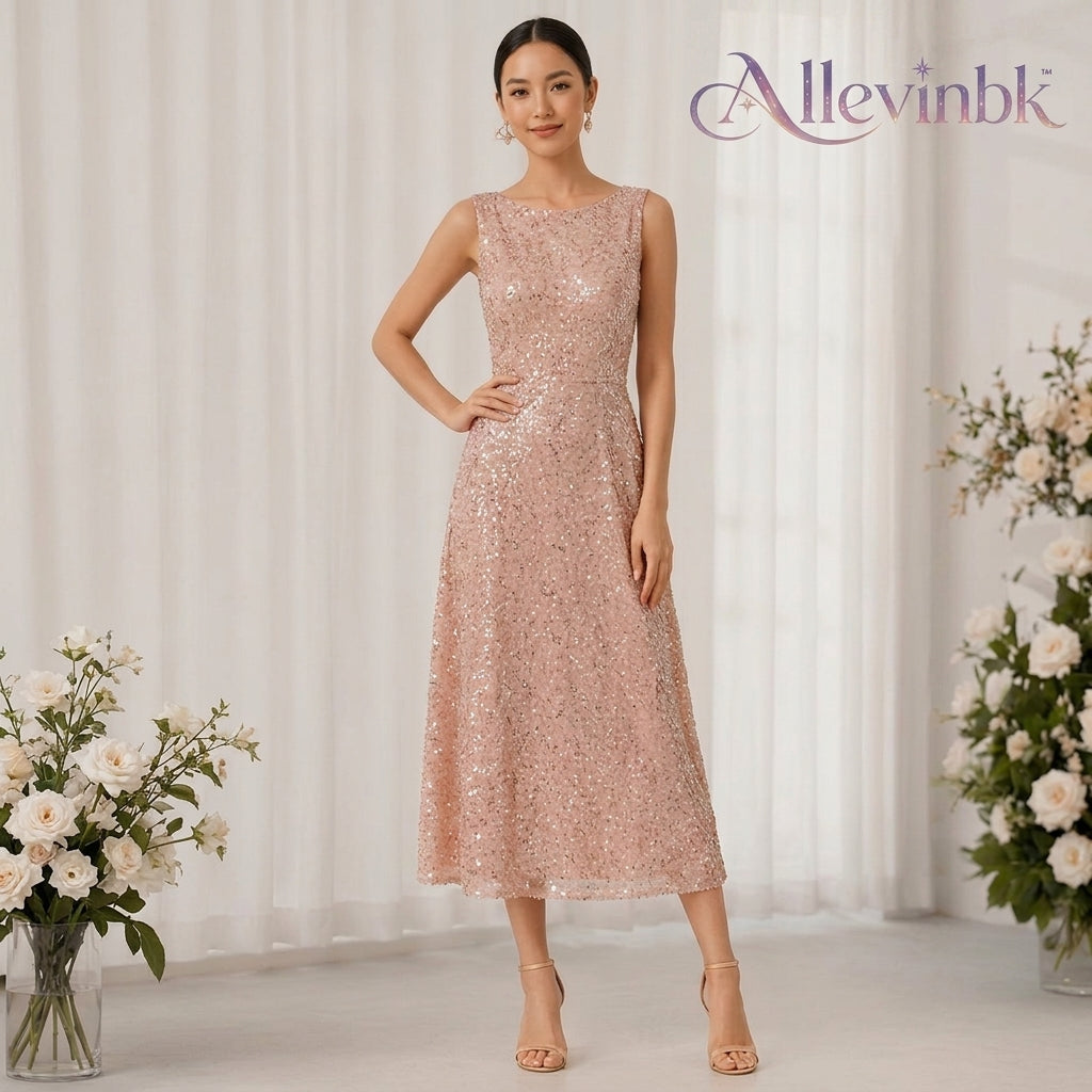 Allevinbk™ Noelle Stardust Sequin Cocktail Dress | Sleeveless Midi Wedding Guest Holiday Party Dress