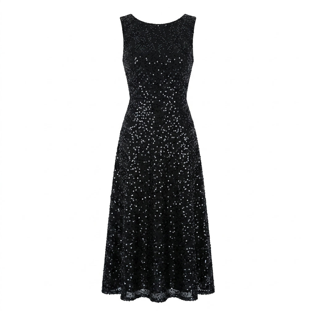 Allevinbk™ Noelle Stardust Sequin Cocktail Dress | Sleeveless Midi Wedding Guest Holiday Party Dress