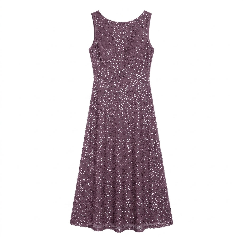 Allevinbk™ Noelle Stardust Sequin Cocktail Dress | Sleeveless Midi Wedding Guest Holiday Party Dress