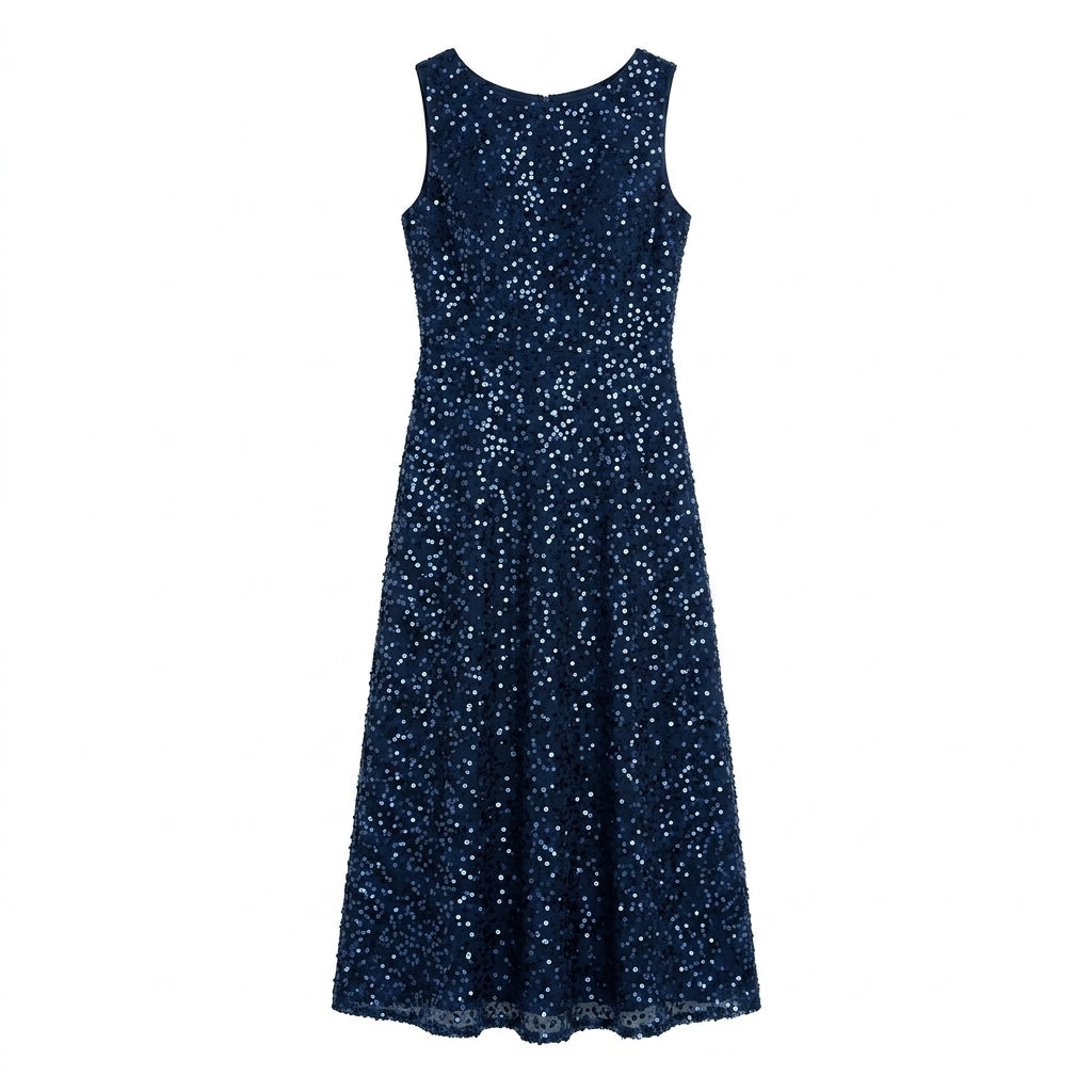 Allevinbk™ Noelle Stardust Sequin Cocktail Dress | Sleeveless Midi Wedding Guest Holiday Party Dress