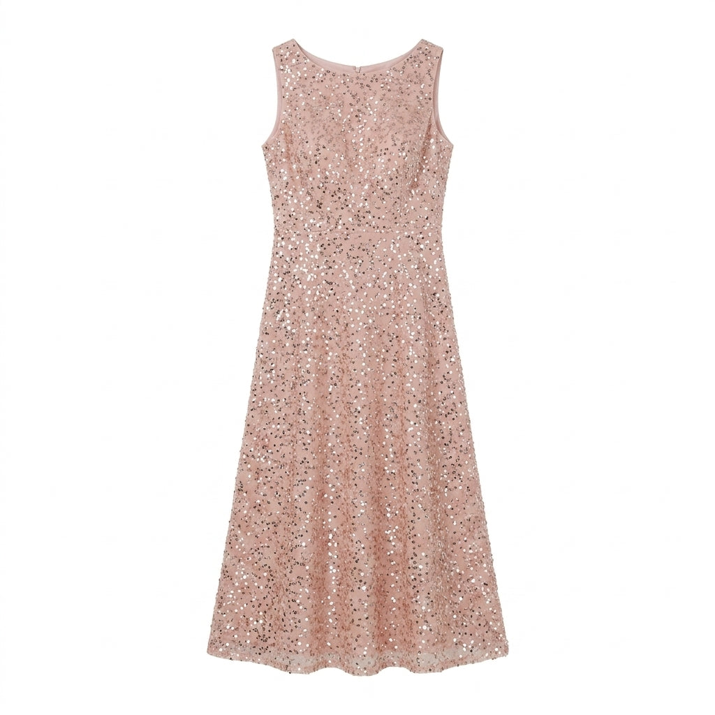 Allevinbk™ Noelle Stardust Sequin Cocktail Dress | Sleeveless Midi Wedding Guest Holiday Party Dress
