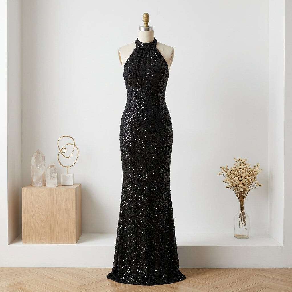 Allevinbk™ Vesper Sequin Halter-Neck Maxi Dress | Formal Evening Wedding Guest Cocktail Gown