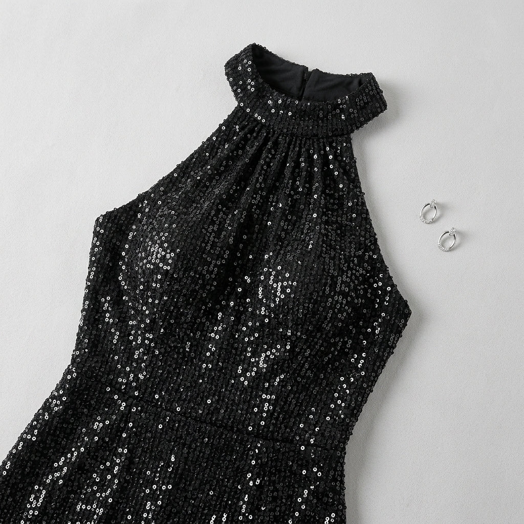 Allevinbk™ Vesper Sequin Halter-Neck Maxi Dress | Formal Evening Wedding Guest Cocktail Gown