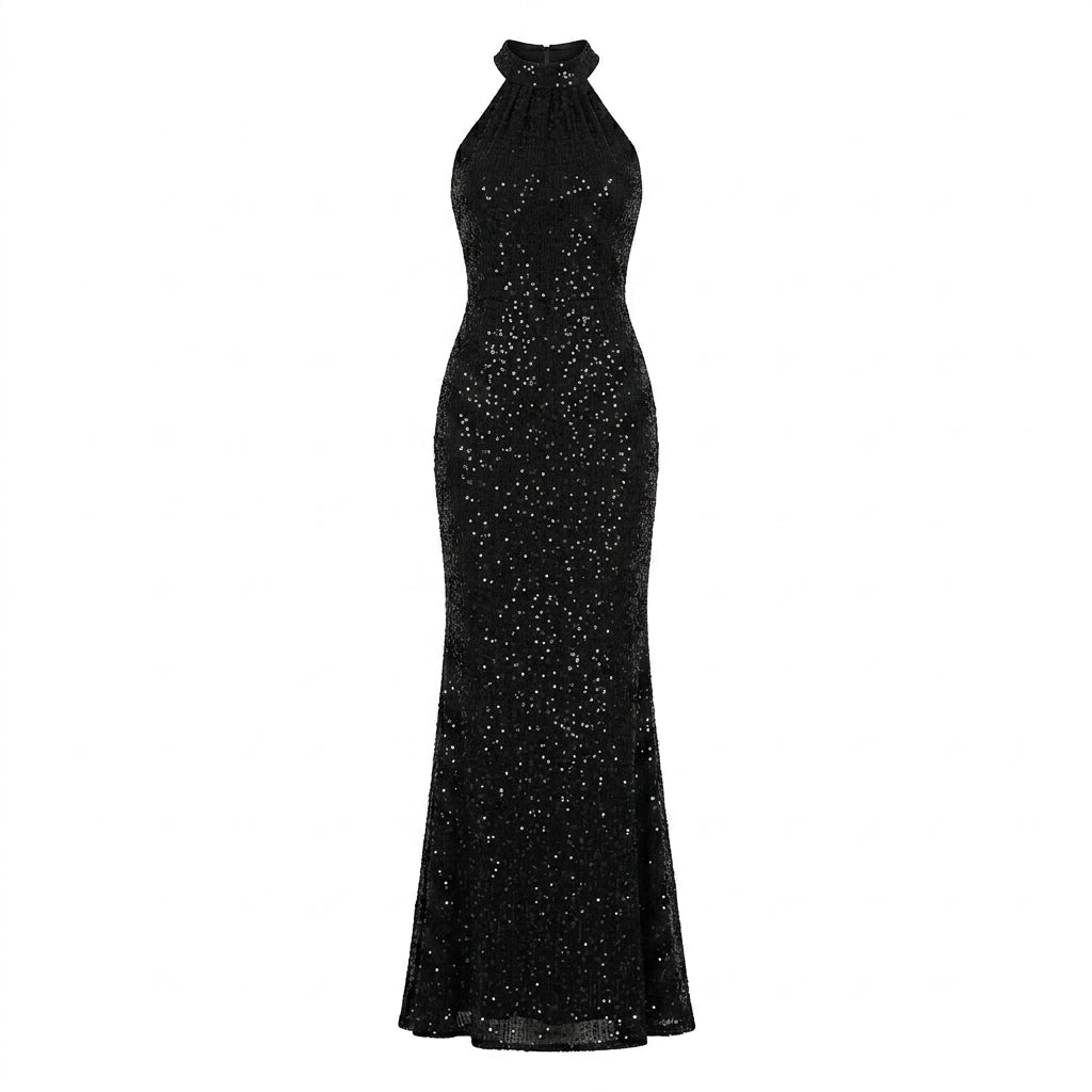 Allevinbk™ Vesper Sequin Halter-Neck Maxi Dress | Formal Evening Wedding Guest Cocktail Gown