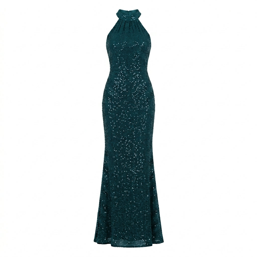 Allevinbk™ Vesper Sequin Halter-Neck Maxi Dress | Formal Evening Wedding Guest Cocktail Gown