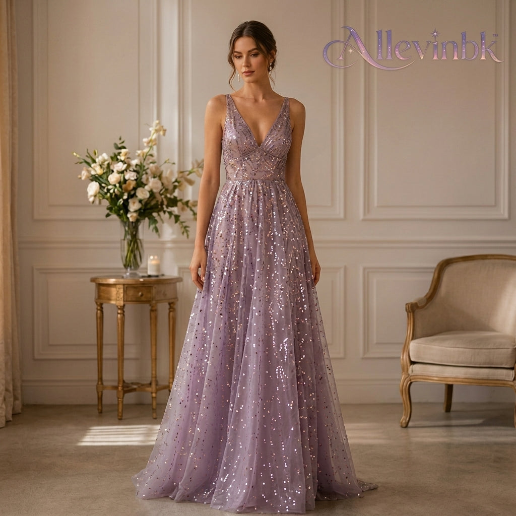 Allevinbk™ Sequin V-Neck A-Line Evening Gown | Formal Maxi Wedding Guest Prom Dress
