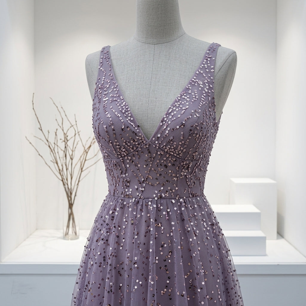Allevinbk™ Sequin V-Neck A-Line Evening Gown | Formal Maxi Wedding Guest Prom Dress