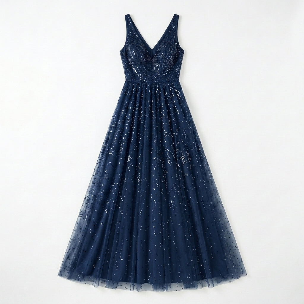 Allevinbk™ Sequin V-Neck A-Line Evening Gown | Formal Maxi Wedding Guest Prom Dress