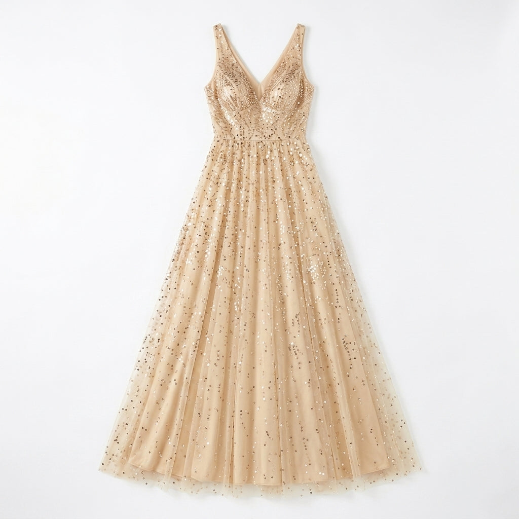 Allevinbk™ Sequin V-Neck A-Line Evening Gown | Formal Maxi Wedding Guest Prom Dress