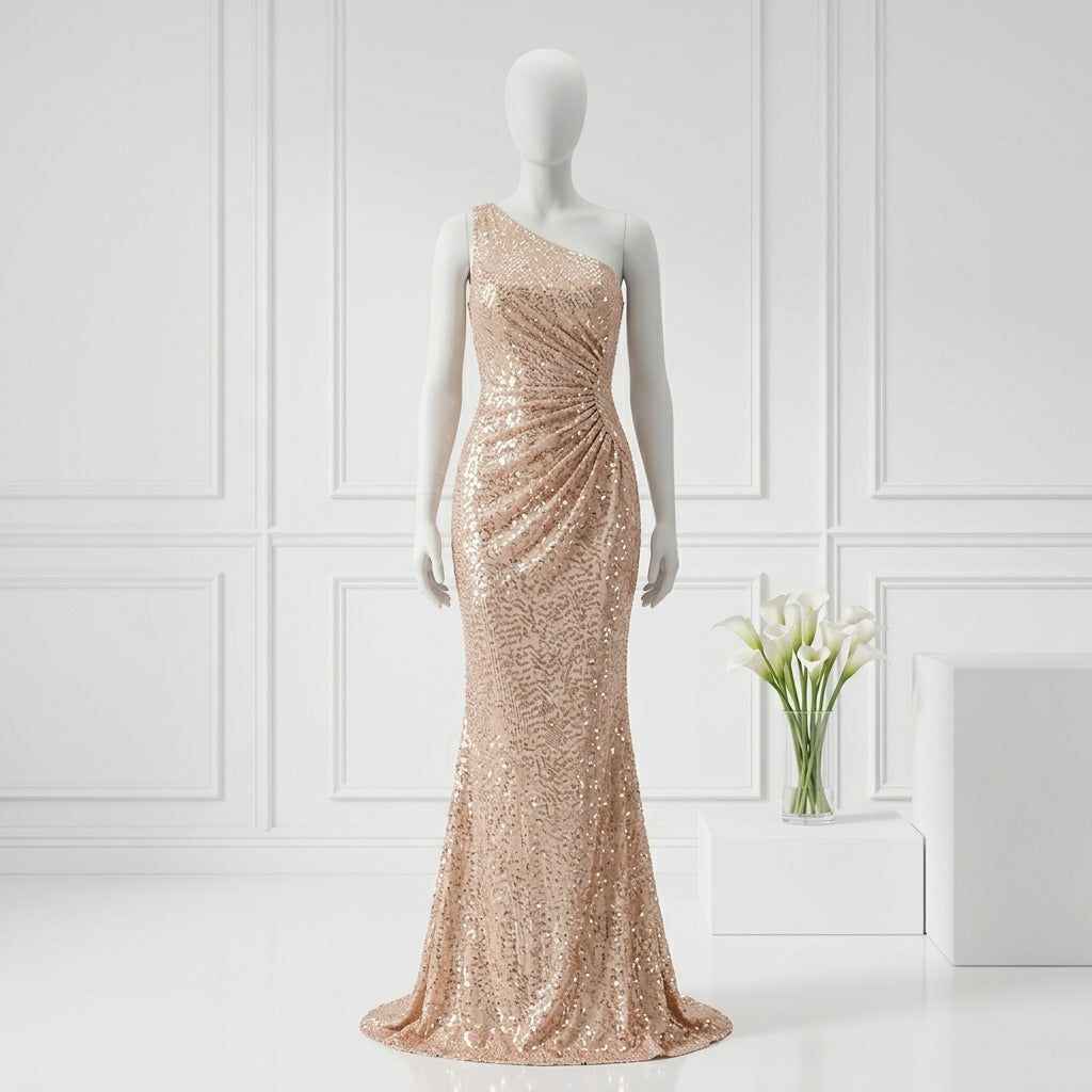 Allevinbk™ One-Shoulder Sequin Evening Dress | Ruched Formal Wedding Guest Maxi Gown