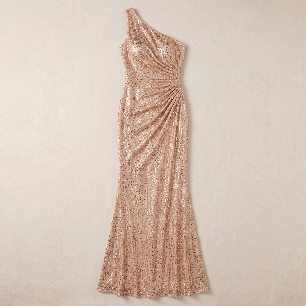 Allevinbk™ One-Shoulder Sequin Evening Dress | Ruched Formal Wedding Guest Maxi Gown
