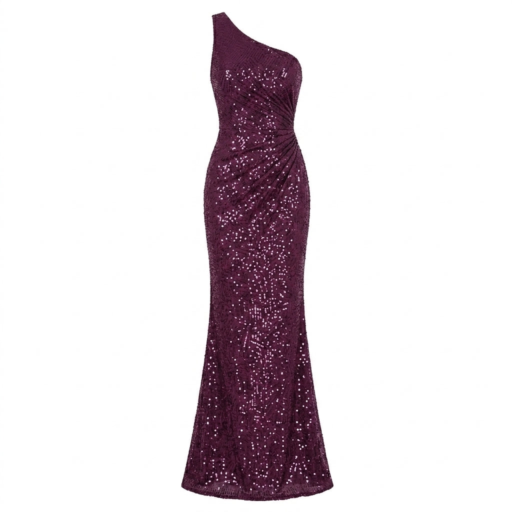 Allevinbk™ One-Shoulder Sequin Evening Dress | Ruched Formal Wedding Guest Maxi Gown