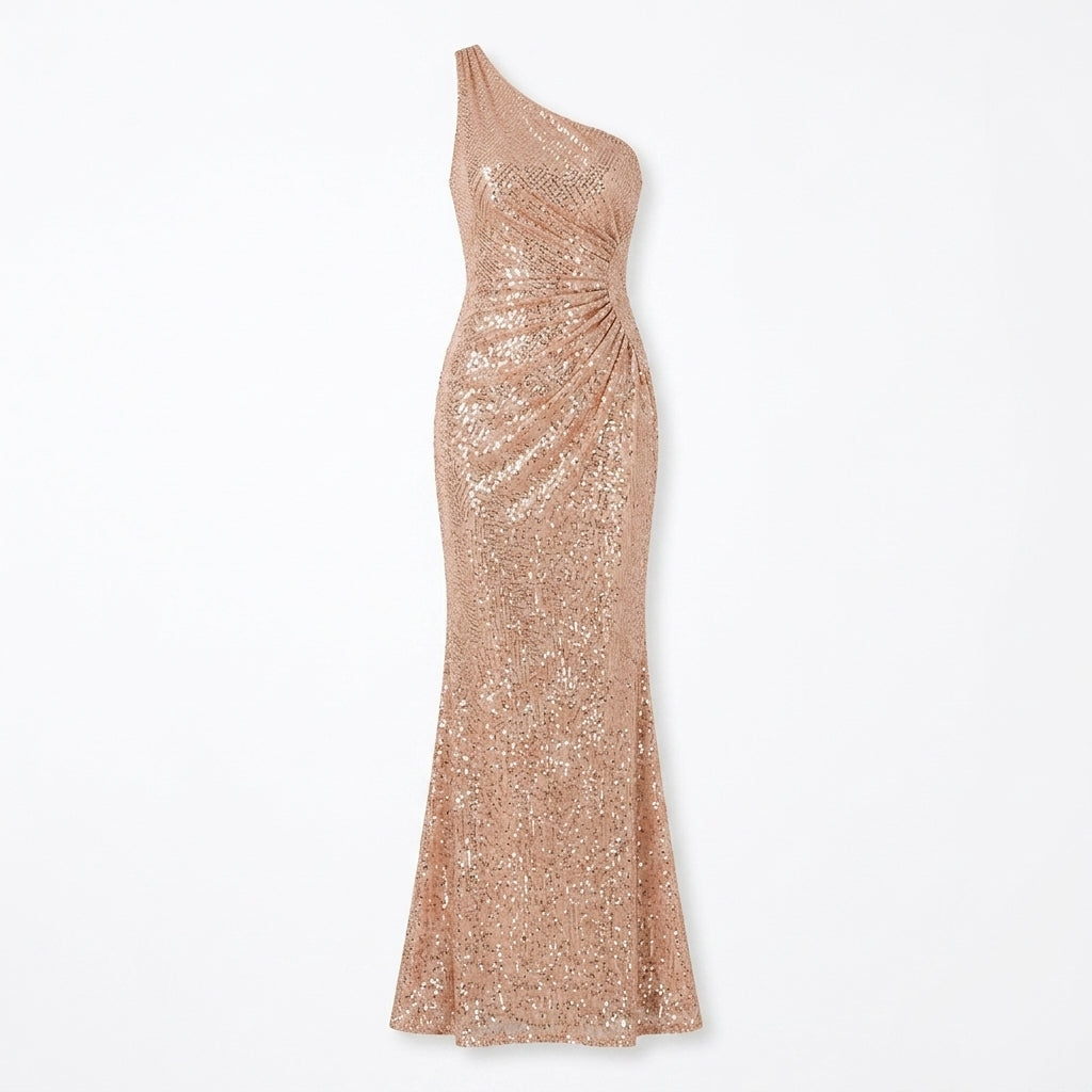 Allevinbk™ One-Shoulder Sequin Evening Dress | Ruched Formal Wedding Guest Maxi Gown
