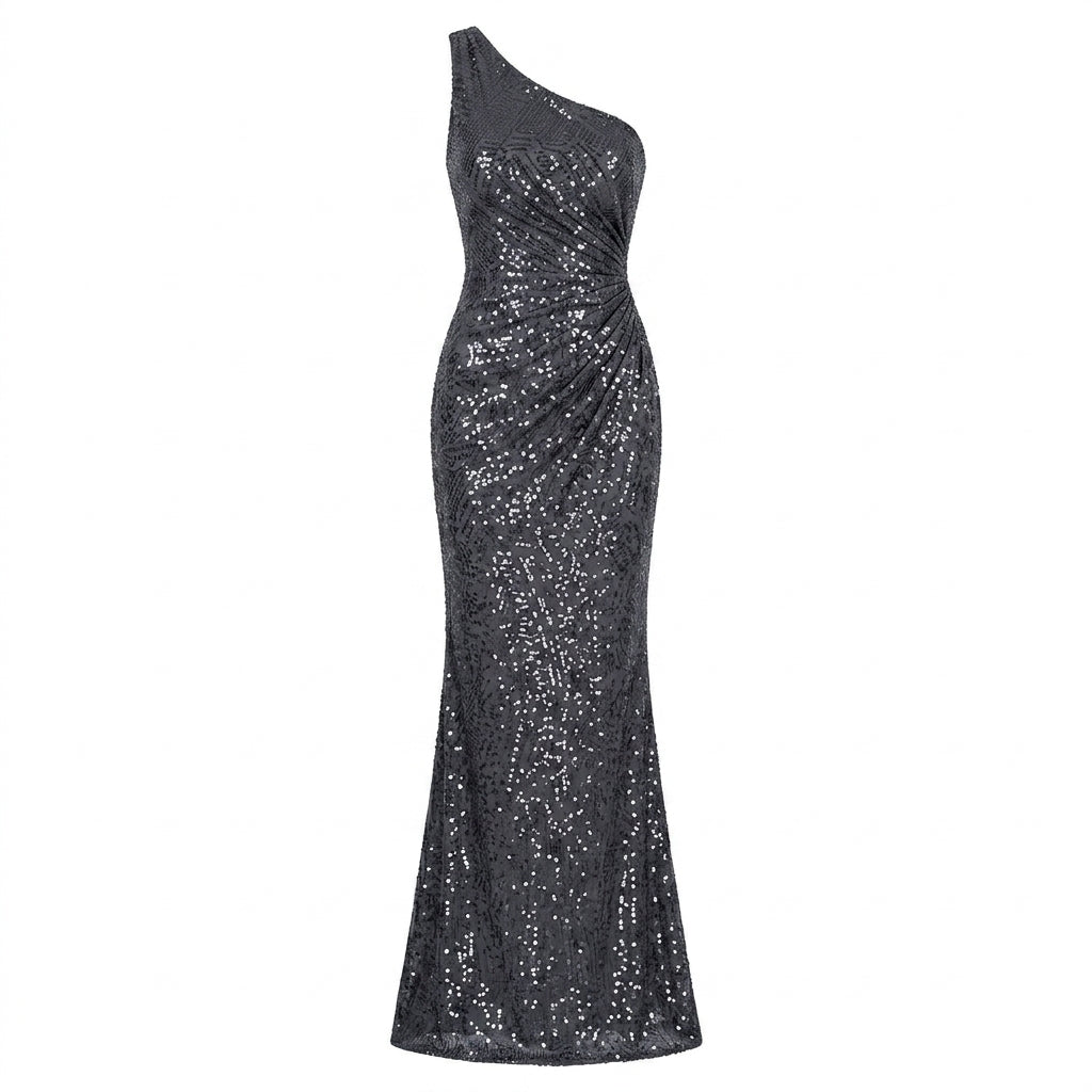 Allevinbk™ One-Shoulder Sequin Evening Dress | Ruched Formal Wedding Guest Maxi Gown