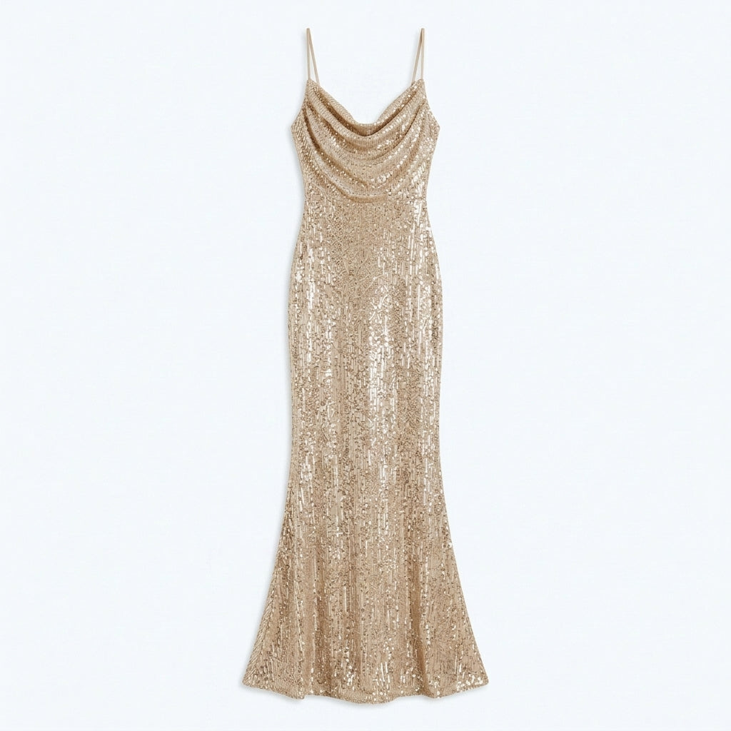 Allevinbk™ Luna Sequin Cowl-Neck Slip Gown | Formal Maxi Wedding Guest Cocktail Evening Dress