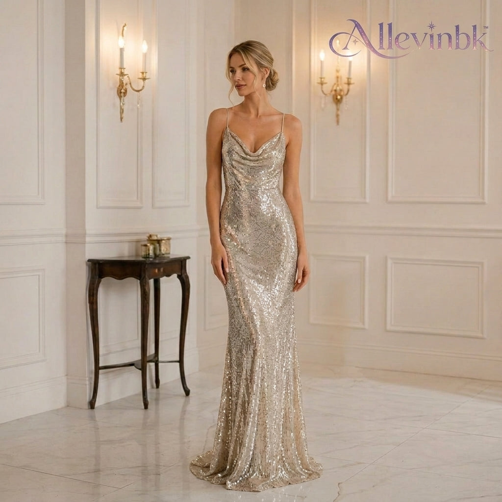 Allevinbk™ Luna Sequin Cowl-Neck Slip Gown | Formal Maxi Wedding Guest Cocktail Evening Dress