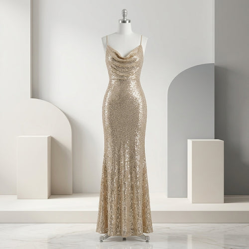 Allevinbk™ Luna Sequin Cowl-Neck Slip Gown | Formal Maxi Wedding Guest Cocktail Evening Dress