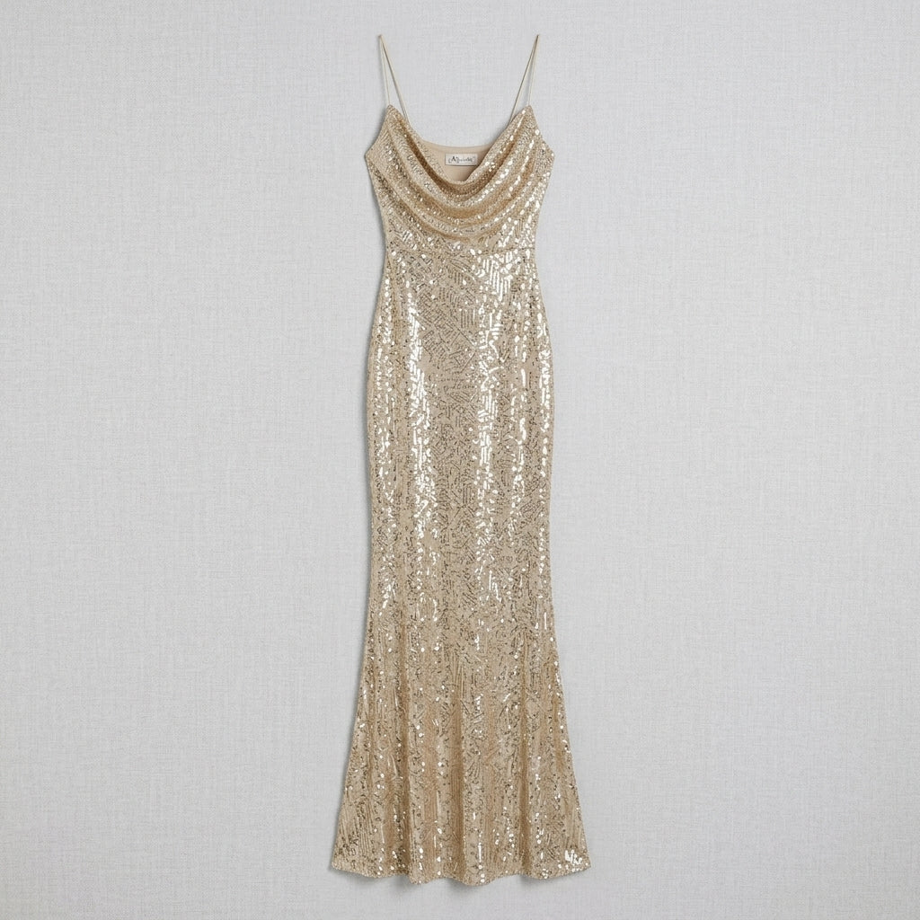 Allevinbk™ Luna Sequin Cowl-Neck Slip Gown | Formal Maxi Wedding Guest Cocktail Evening Dress