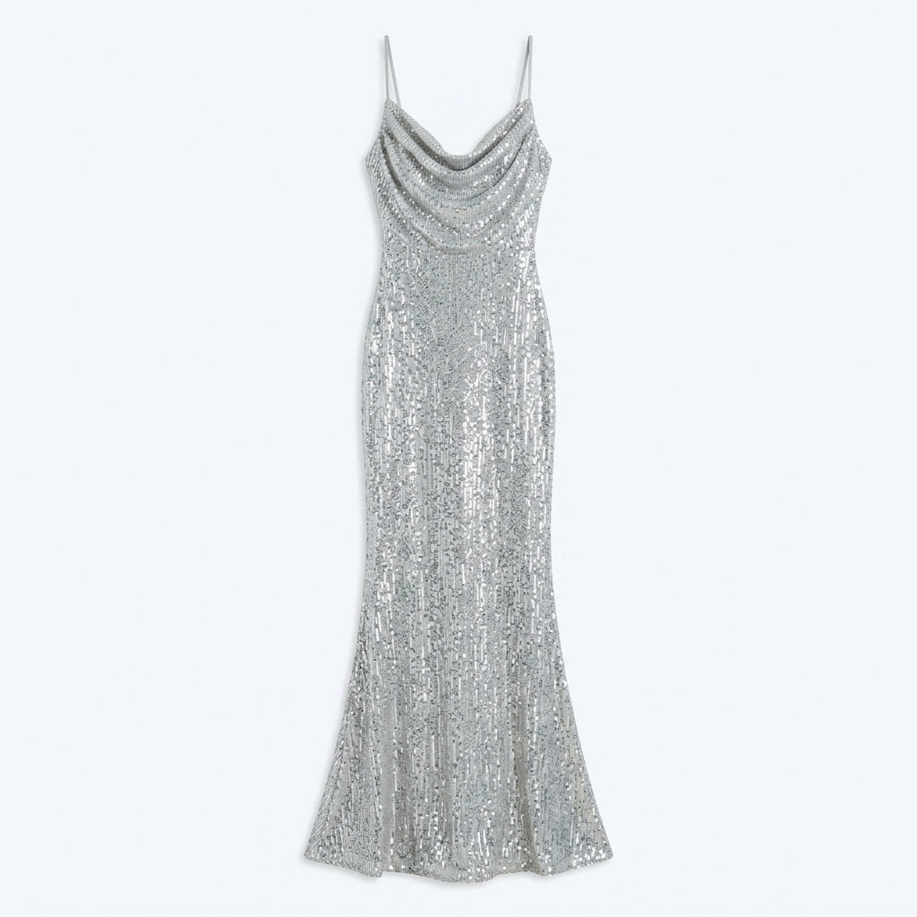 Allevinbk™ Luna Sequin Cowl-Neck Slip Gown | Formal Maxi Wedding Guest Cocktail Evening Dress