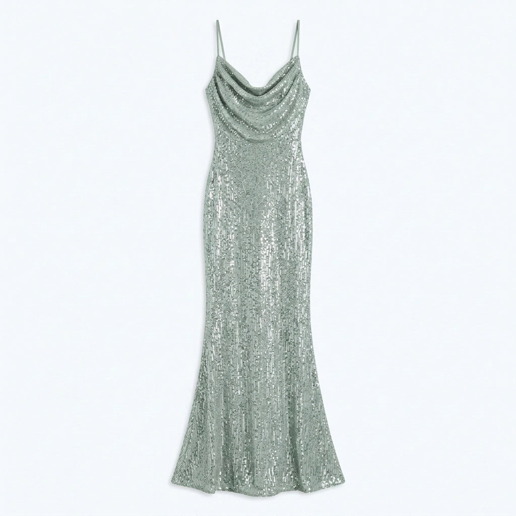 Allevinbk™ Luna Sequin Cowl-Neck Slip Gown | Formal Maxi Wedding Guest Cocktail Evening Dress