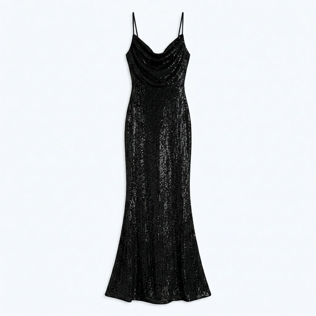 Allevinbk™ Luna Sequin Cowl-Neck Slip Gown | Formal Maxi Wedding Guest Cocktail Evening Dress