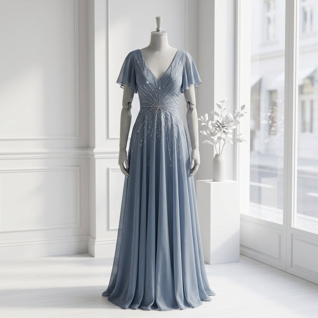 Allevinbk™ Aurora Sequin Flutter-Sleeve Chiffon Gown | Formal Mother of the Bride Wedding Guest Dress